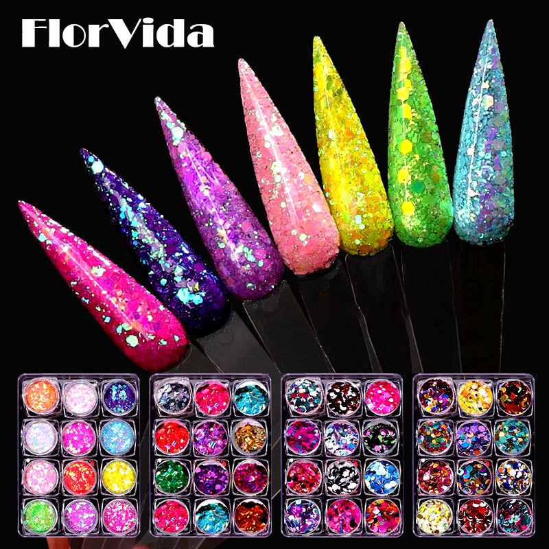 

Nail Art Kits FlorVida 12pcs Set Glitter Sequins Holographic Powder Mixed Flakes For Nails Design Manicure Decorations Kit A Dozen