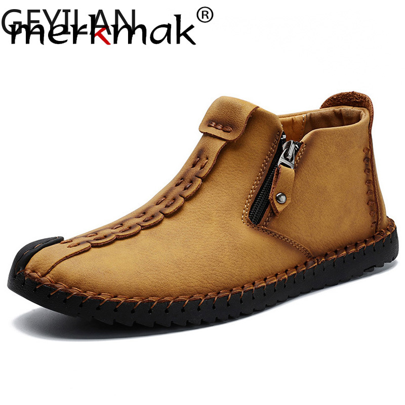

2020 Autumn Winter Men Ankle Boot Warm High Top Boots Man Classic Zipper Handmade Soft Casual Shoes Big Size 38-48 Flat, Without velvet