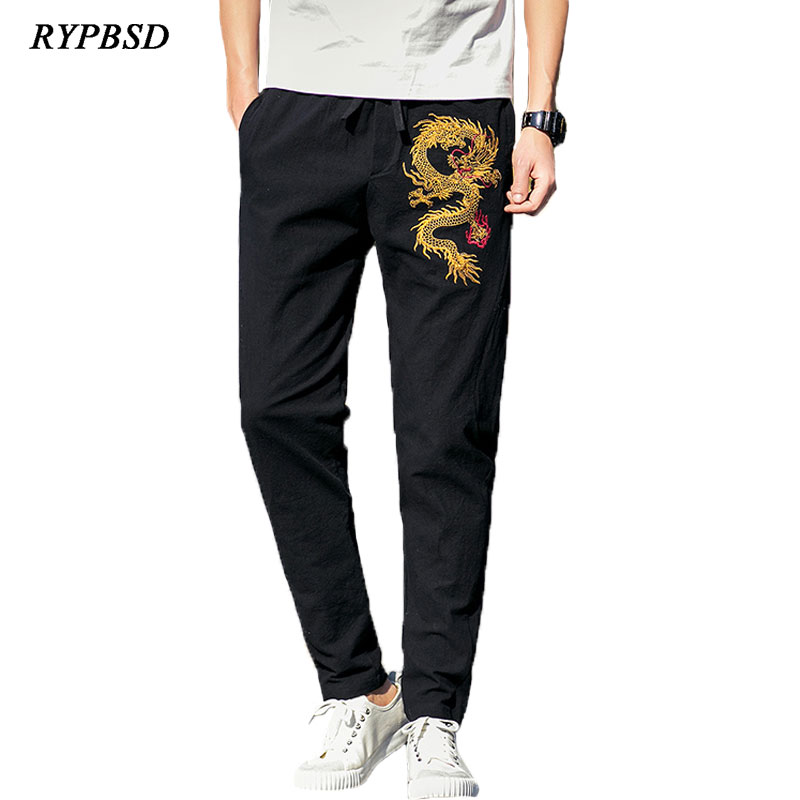 

Chinese Style Retro Gold Dragon Embroidery Pants Men 2020 Spring Loose Drawstring Men Casual Sweatpants Pants Trousers Plus Size, Black