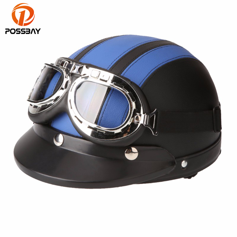 

POSSBAY Half Open Face Motorcycle Helmet Scooter with Visor UV Goggles Capacete Casco Moto Retro Helmets Vintage for, Goggle style 2