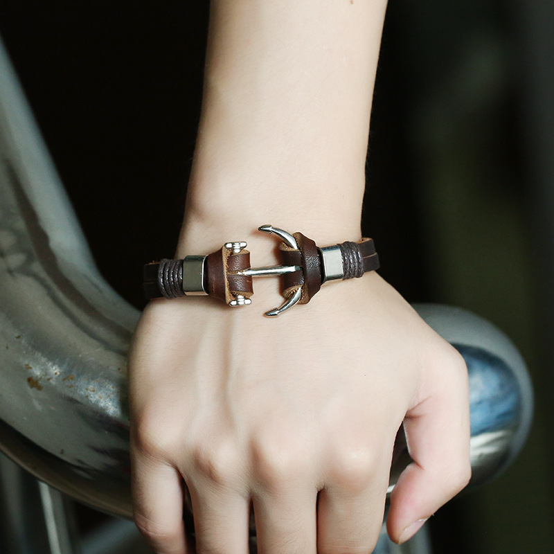 

Vintage Black Brown Anchor Genuine Leather Bracelet Men Women Fashion Braided Handmade Couple Bracelets Bangles Valentine Gift