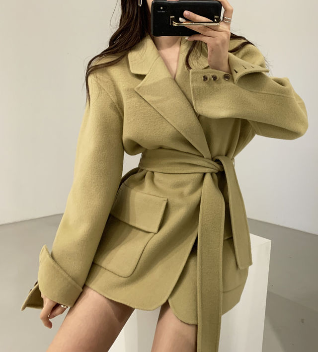 

Women Winter Woolen Coat with Belt Laides Long Sleeve Turn Down Collar Pocket Solid Color Korean Elegant Autumn Casaco Feminino, Photo color