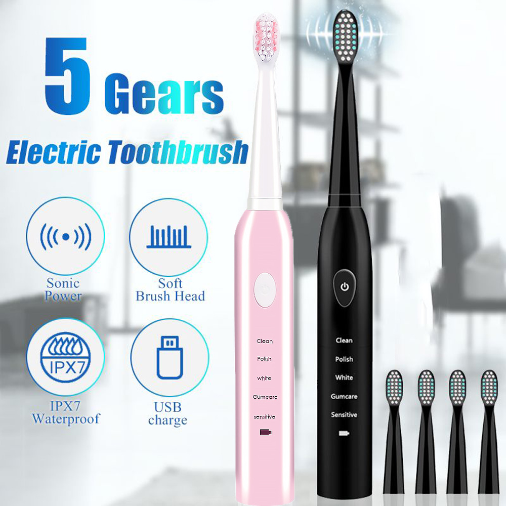 

Rechargeable Sonic Electric Toothbrush with 8 Replacement Toothbrush Heads Washable Ultrasonic Brush Adult