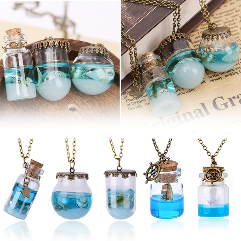 

Wish Bottle Necklaces Ocean Sea Glass Bottle Pendant Chain Vintage Mermaid Tears Shells Star Vial Necklace For Women Girls