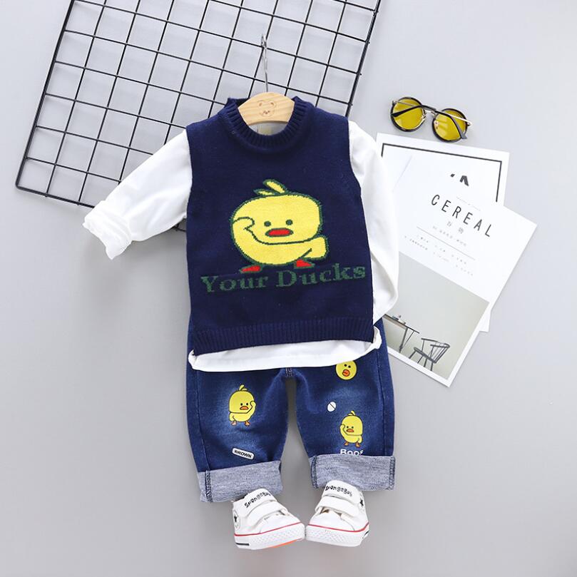 

Spring Autumn Baby Boy Clothes Infant Cotton Cartoon yellow duck Print Sweater Vest T Shirt Pants 3pcs/sets Child Fashion Suit, Navy blue