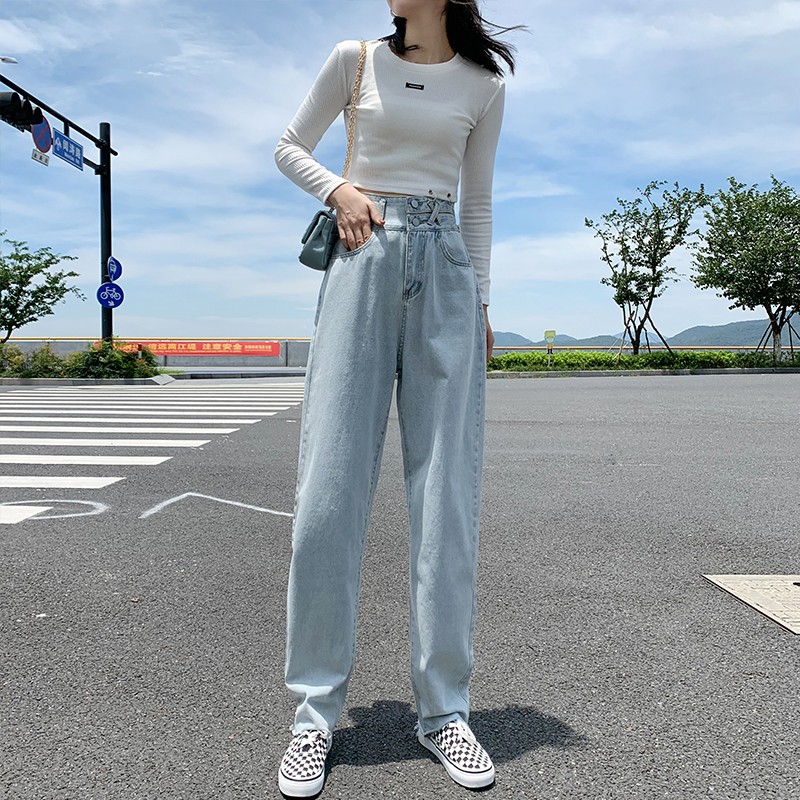 

GUUZYUVIZ Gray Black High Waisted Jeans Mom Autumn Winter Woman Pants Casual Denim Trouser Jeans Straight Women Loose, Blue