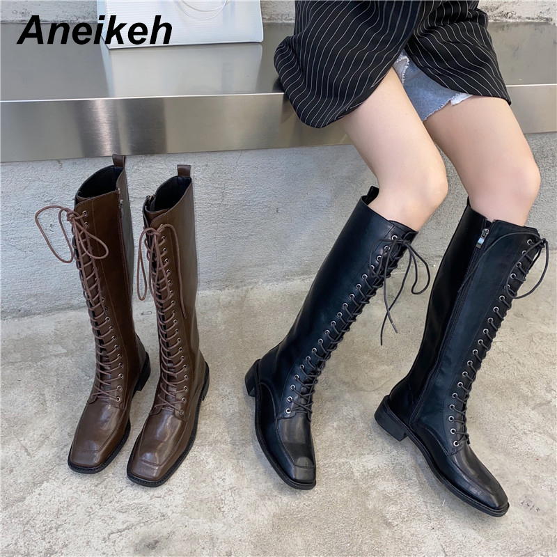 

Aneikeh Autumn Women Knee-High PU Cross-tied Solid Riding Equestrian Square Heel ZIP Square Toe Brown Size35-39 Fashion 2020