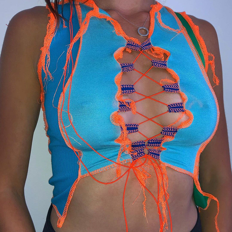 

Women Hollow Out Lace Up Crop Tank Top, Sleeveless Stitching Color Block Sexy Slim Cami Tops, Blue