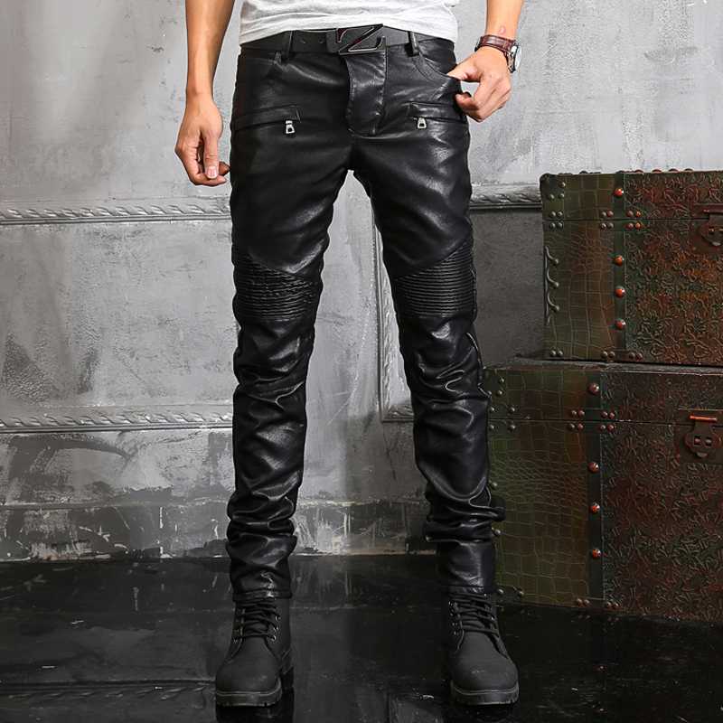 

New men's male trousers Winter black men's leather pants motorcycle windproof slim trendy personality thickened riding pants
