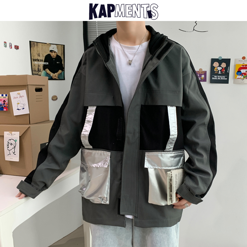 

KAPMENTS Men Reflective Article Cargo Bomber Jackets 2020 Male Harajuku Streetwear Patchwork Windbreaker Mens Korean Kpop Jacket, Beige