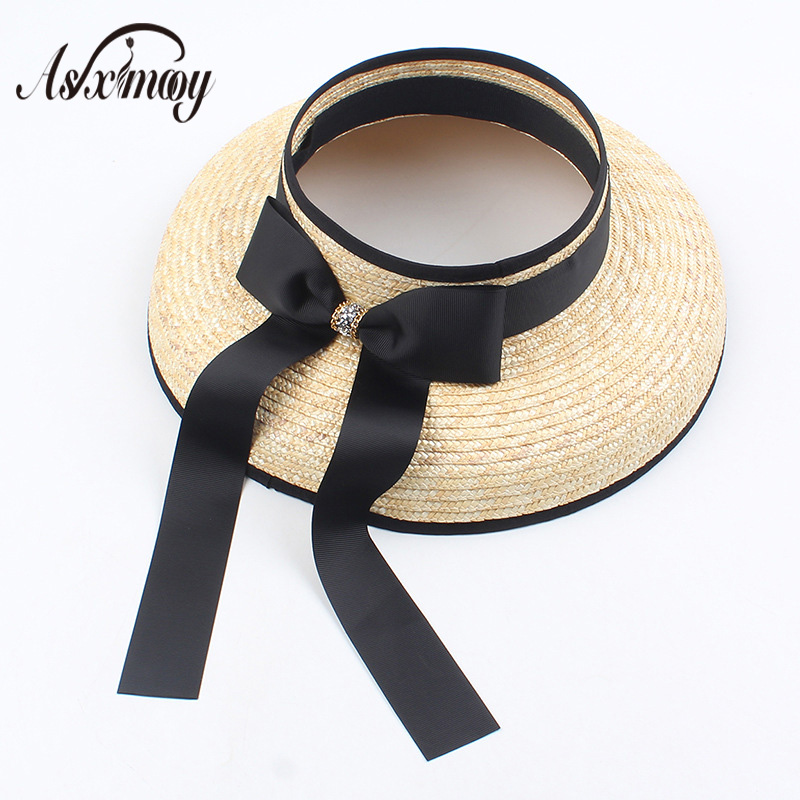 

Summer Wide Brim Wheat Straw Hat Women Fashion Empty Top Sun Hats Bow Streamer Elegant Panama Beach Hats Straw Visor Caps Womens, Light coffee