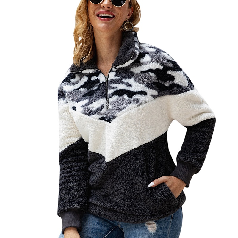 

Fall winter fashion pullover Hoodie ladies thick pocket plush camouflage zipper hoodie women beautiful clothes, Gray