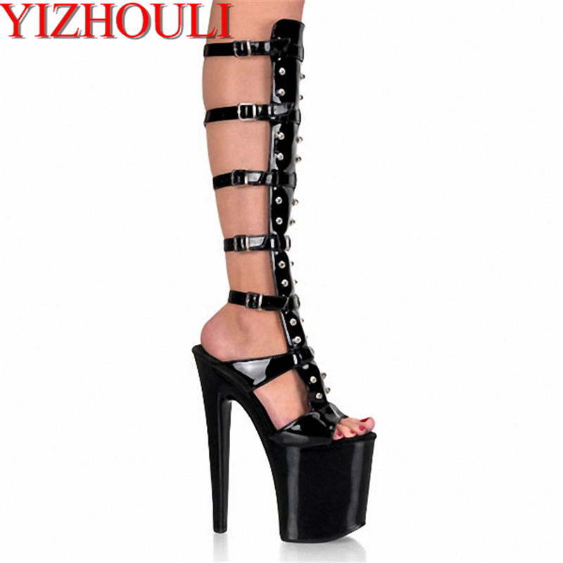 

8 inch sexy rivets cool boots 20cm Knee High Boots Gorgeous High Heels black open toe summer Dance Shoes gladiator sandal