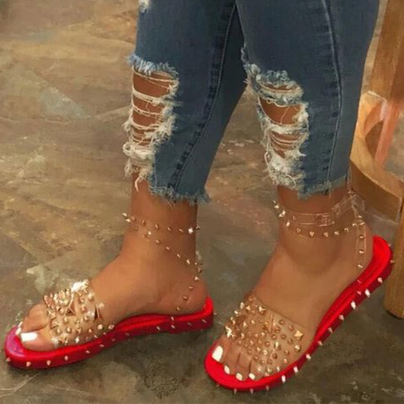 

Women Ankle Strap Line Style Buckle Rivet Sandals Ladies Transparent Bling Metal Flats Summer Shoes Cool Girl Women's Plus Size Y200620, Black