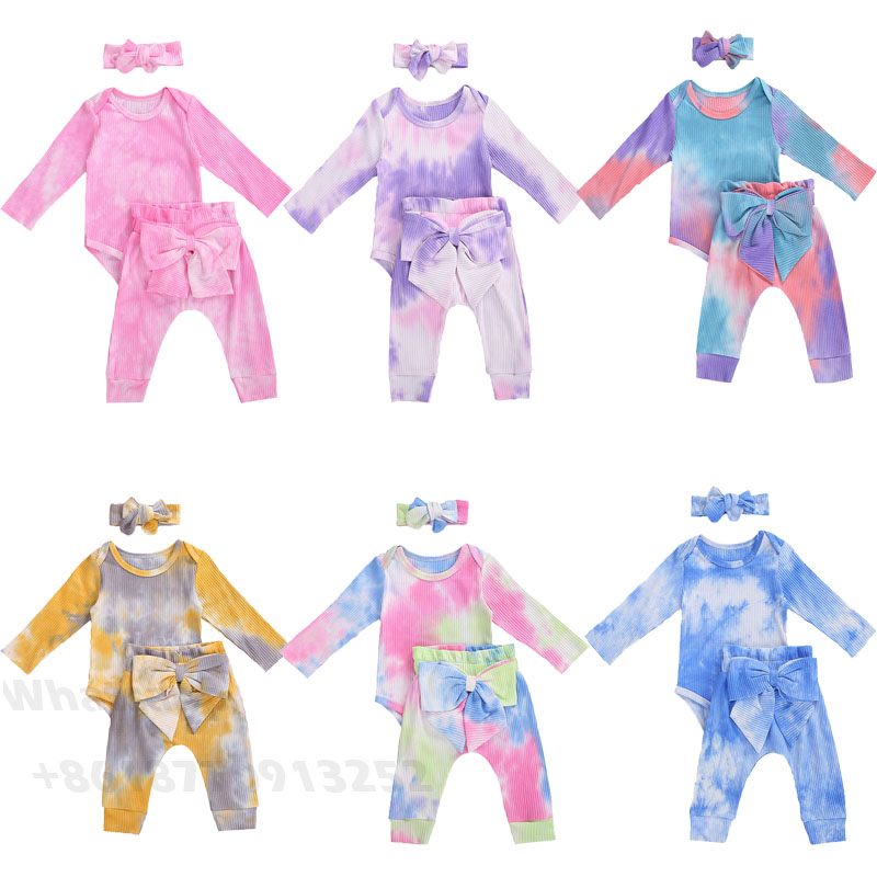 

Autumn Newborn Baby Boy Girls Clothes Long Sleeve Tie Dye Print Romper+Bowknot Long Pants Toddler Kids Tracksuits Clothing Set