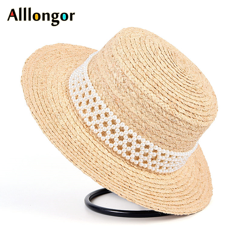 

Natural Raffia 2020 Summer Wide Brim Ladies Straw Hats Floppy Sun Hat Women Panama Elegant pearl Beach Cap Chapeau Femme Sunhat, As picture