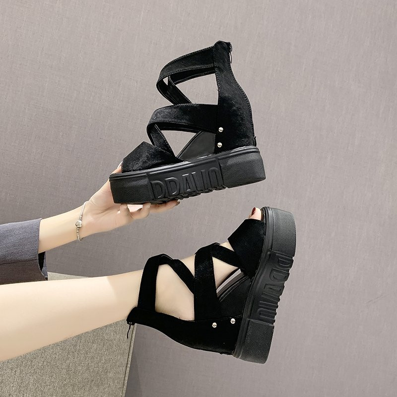 

2020 Summer Chunky Sandals Women 9cm Wedge High Heels Shoes Female zipper Platform Leather Casual Summer Slippers Woman Sandal, 1 suede