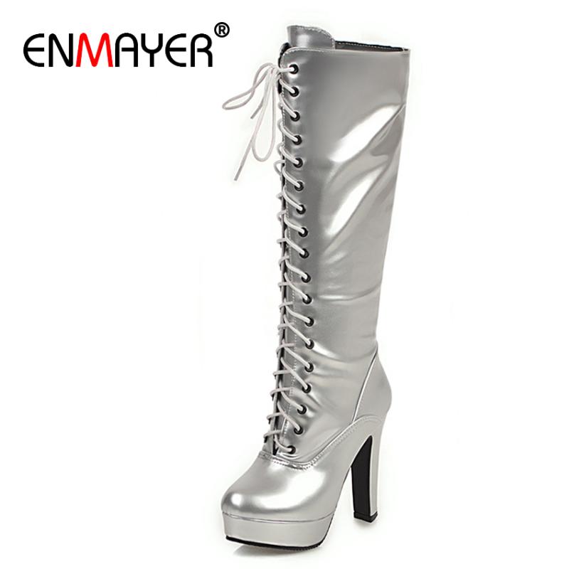 

ENMAYER Cross-tied Knee-High Long Boots Round Toe Square Heel PU Zip Basic Winter Shoes Women Silver Gold Super High Short Plush, Black