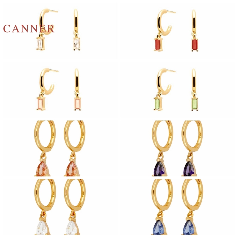 

CANNER Real 925 Sterling Silver Earrings For Women INS Water-Drop Stud Earrings Diamond Rectangle Korean Pendientes Jewelry