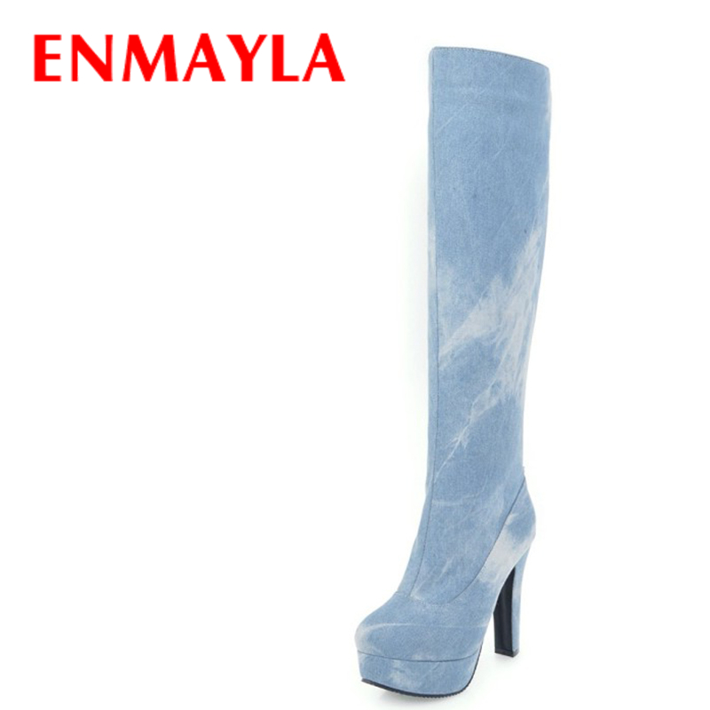 

ENMAYLA Womens High Heels Platform Long Boots Women Winter Fashion Denim Knee High Boots Shoes Woman Blue Thigh, Blue with fur