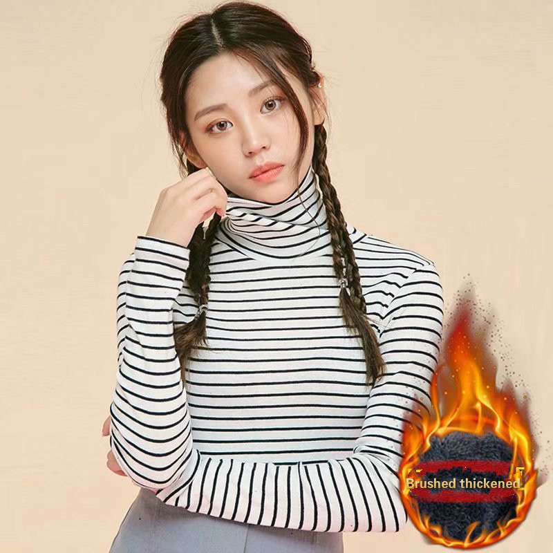 

T-shirt Women 2020 High Collar Striped Plus Velvet Plus Size T-shirt Women Autumn/winter Long-sleeved Loose Bottoming Shirt Top, Black