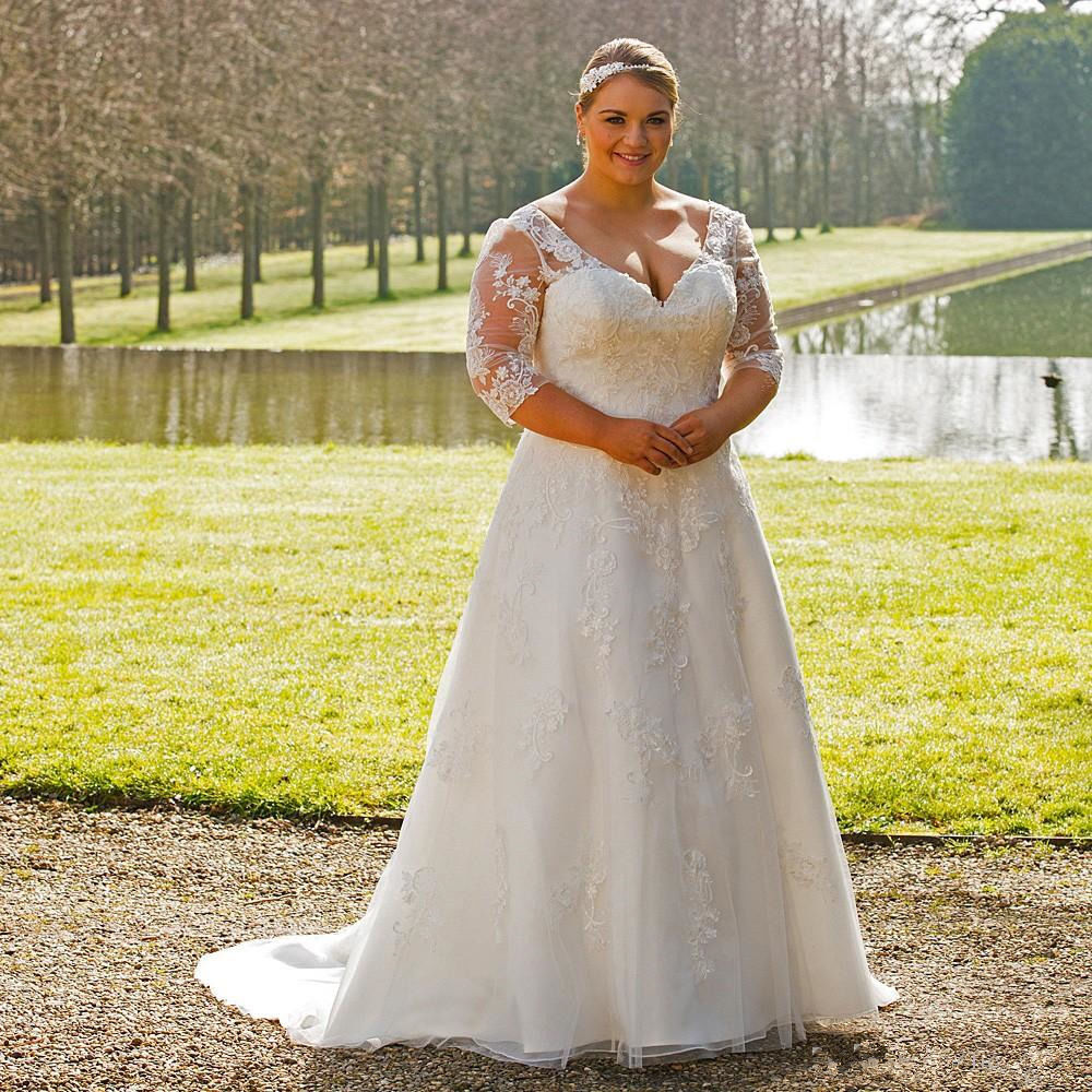 

Modest V-neck Plus Size Wedding Gown with Sleeves A-line Appliqued Bridal Dress 2020 Vestido de Novia Customized, White