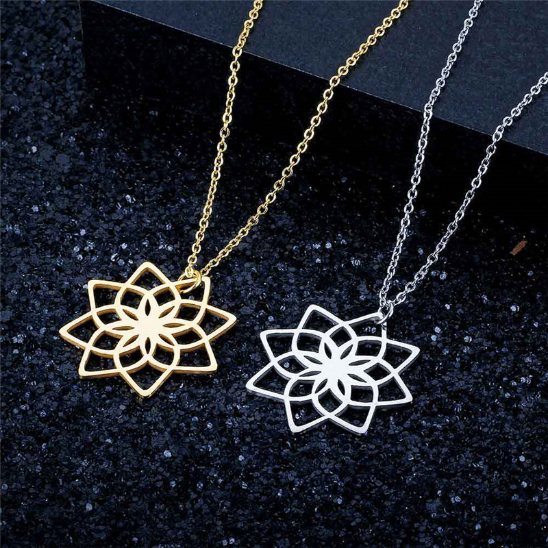 

No Fading Hollow Lotus Flower Shaped Pendant Necklace for Women Stainless Steel Necklace Yoga Prayer Buddhism Jewelry