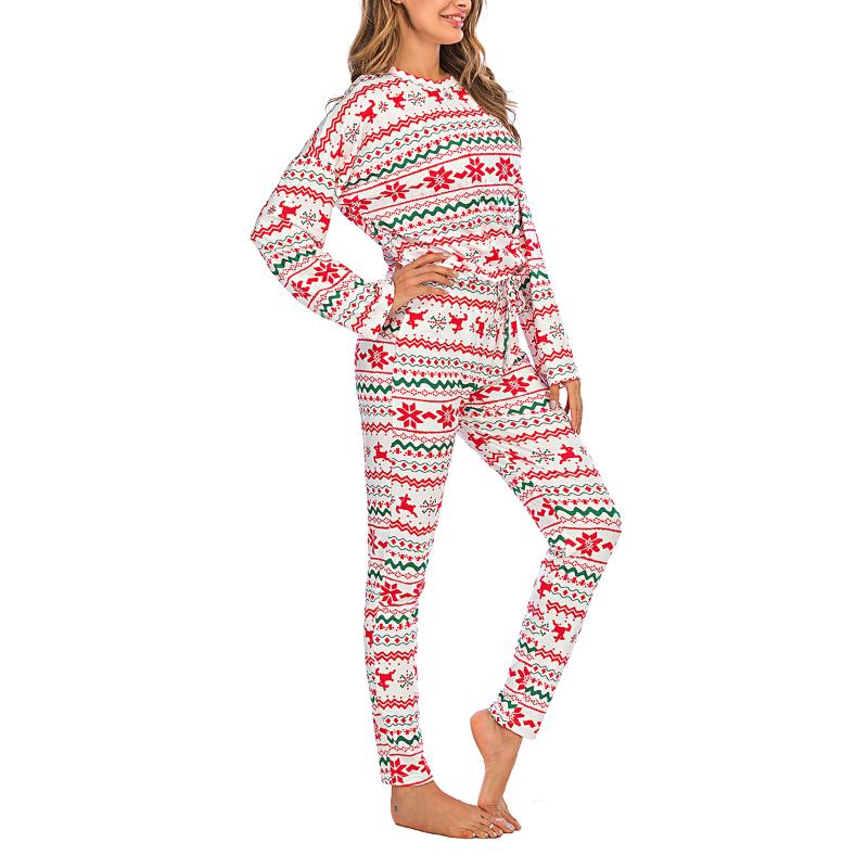 

Women Sleep Christmas Long Sleeve Tops + Shorts Suit Round Collar Snowflake Elk Print Loose Elastic Home Clothes, Red