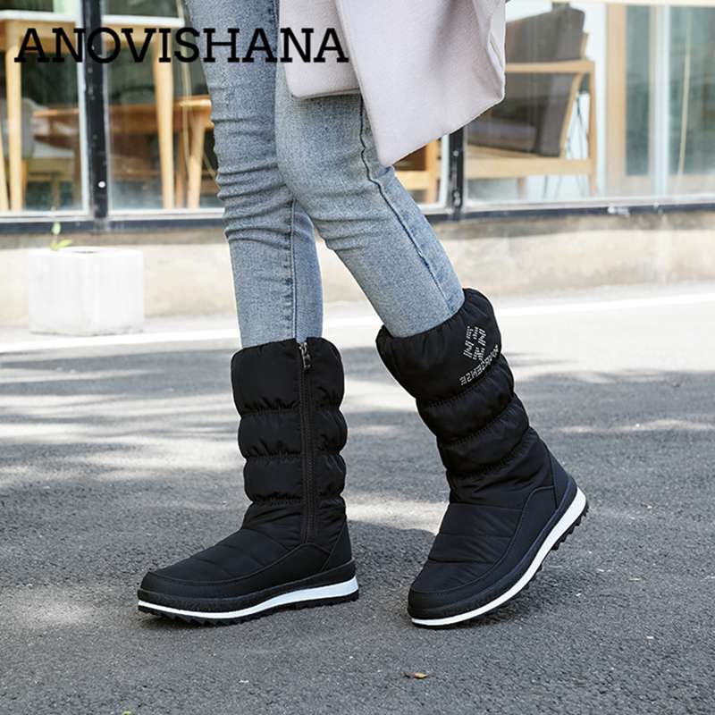 

ANOVISHANA snow ankle boots women zipper winter shoes woman wedhe heels footwear waterproof down botas mujer bottes size 41, Black