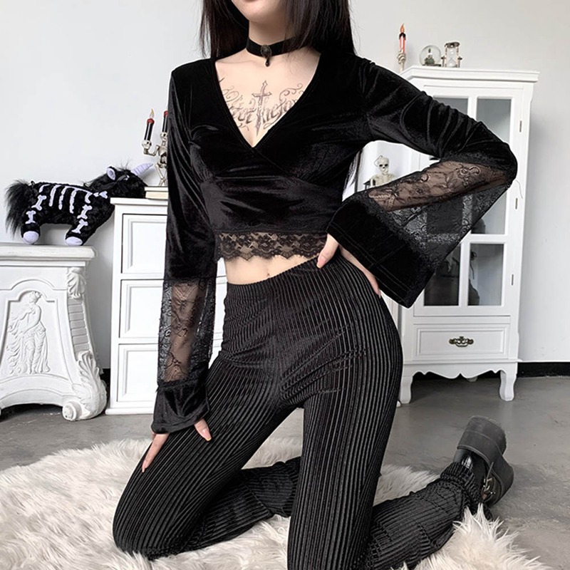 

Sexy Lace Deep V Neck Blouse Women Tops and Blouse Flare Sleeve Lace Crop Tops Female Shirts Loose 2020 Spring Autumn, Bk