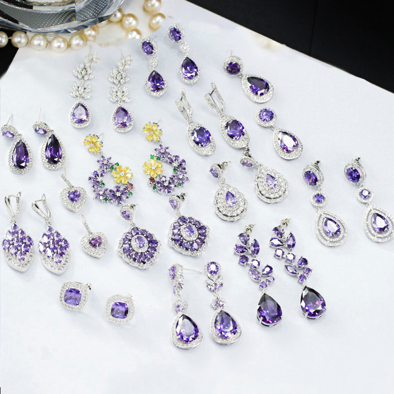 

Pera New Arrival Cubic Zircon Crystal Round Long Big Dangle Tear Drop Flower Leaf Heart Purple Earrings Wedding for Women E405