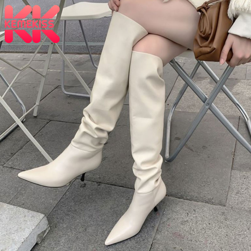 

KemeKiss Real Leather Woman Knee Boot Sexy Thin High Heel Winter Shoes Woman Warm Pointed Toe Fashion Lady Long Boot Size 33-43, White