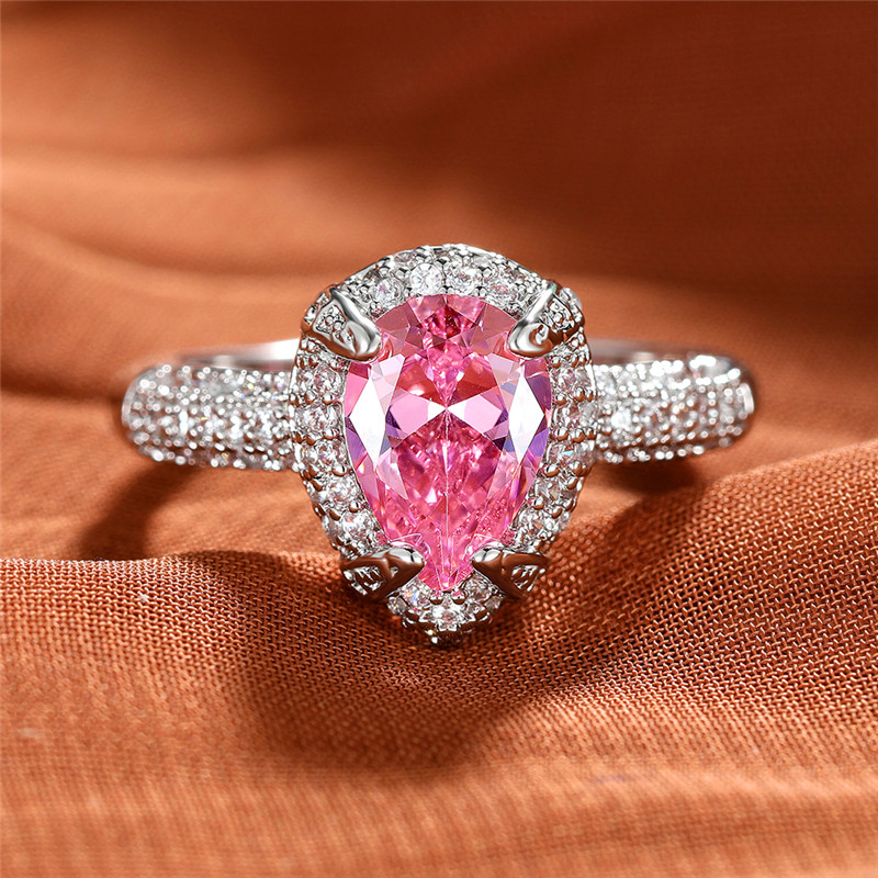 

Luxury Female Pink Crystal Stone Ring Classic Silver Color Wedding Rings For Women Vintage Zircon Water Drop Engagement Ring