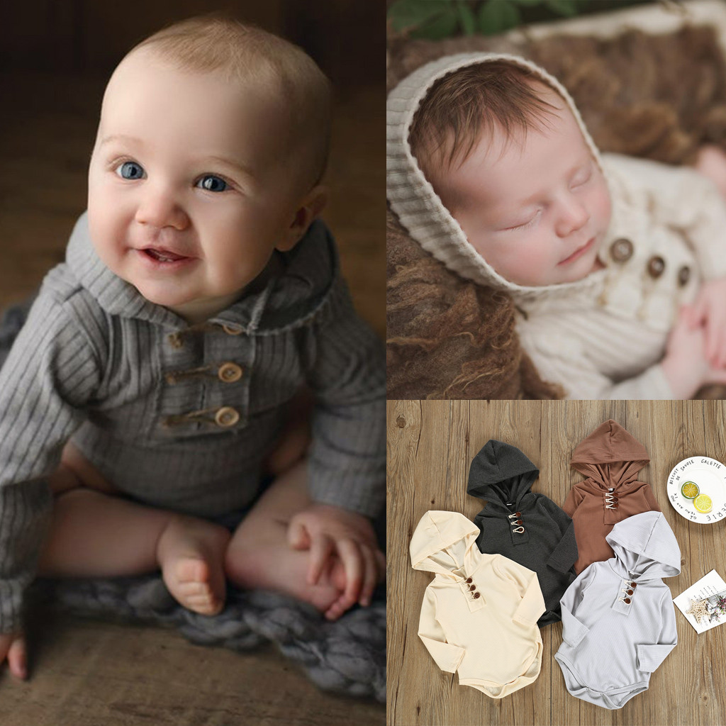 

Newborn Overalls Romper Clothes Outfits Winter Infant Baby Girl Boy Solid Long Sleeve Romper Hoodie Clothes Ropita, Gray