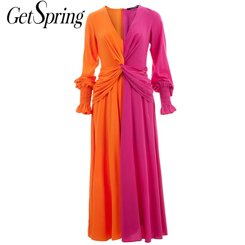 

GETSPRING Women Dress V-Neck Lantern Sleeve Color Matching Dresses Patchwork Irregular Long Dress Summer Women 2020 New Fashion, Red