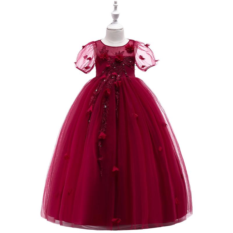 

High Quality Little Girls Pageant Dress Red Ball Gown Beads Lace Applique Floor Length Flower Girls Dress 2020, Lp-217-wine red