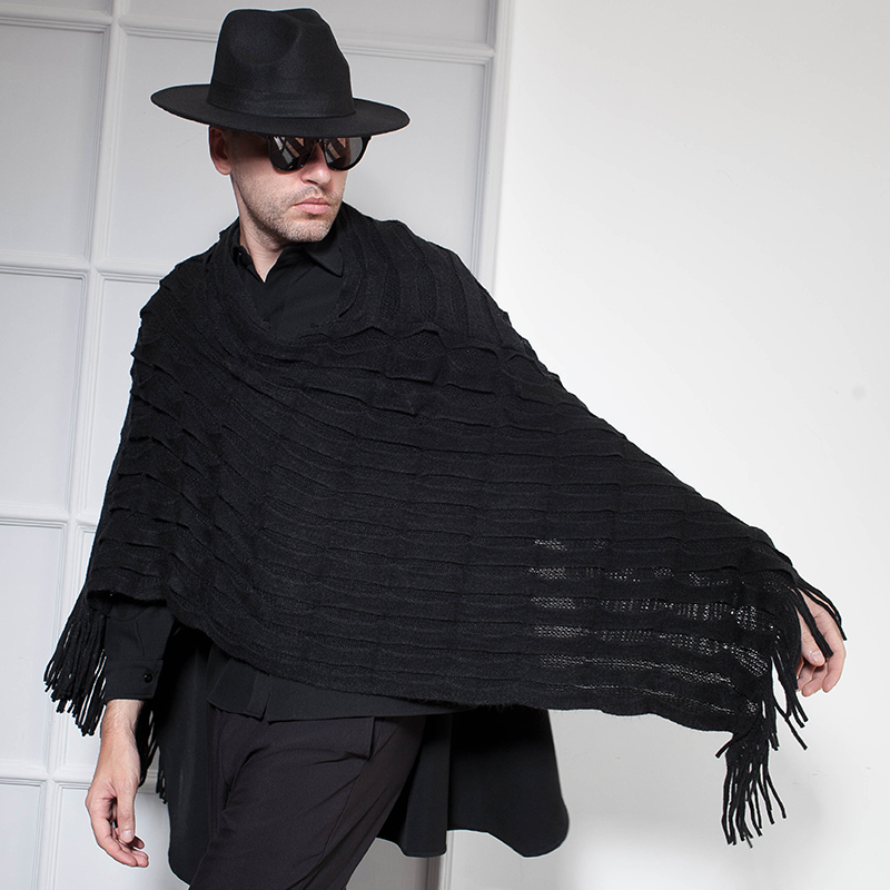 

European and American trendy men's nightclub DS long black fringed hooded bat shirt cape cloak male dark wizard