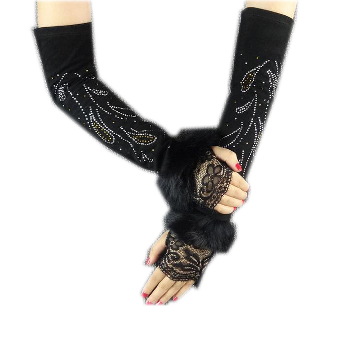 

genuine Leather gloves female winte warm half-finger glove Rex fur leather lace flowemittens sleeve set arm glove free