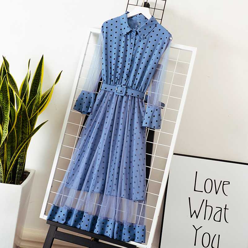 

2020 Summer Polka Dot Women Dress Korean Three Quarter Sleeve Mesh Long Dress with Sashes Plus Size White Black vestidos