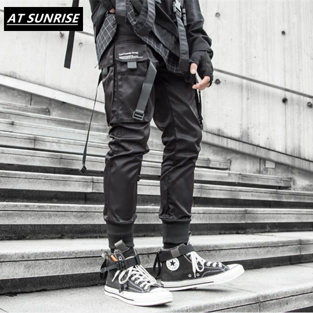 

2020 new Ribbons Cargo Pants Men Black Pocket Streetwear Harajuku Techwear Pants Hip Hop Trousers Harem Joggers Sweatpants black