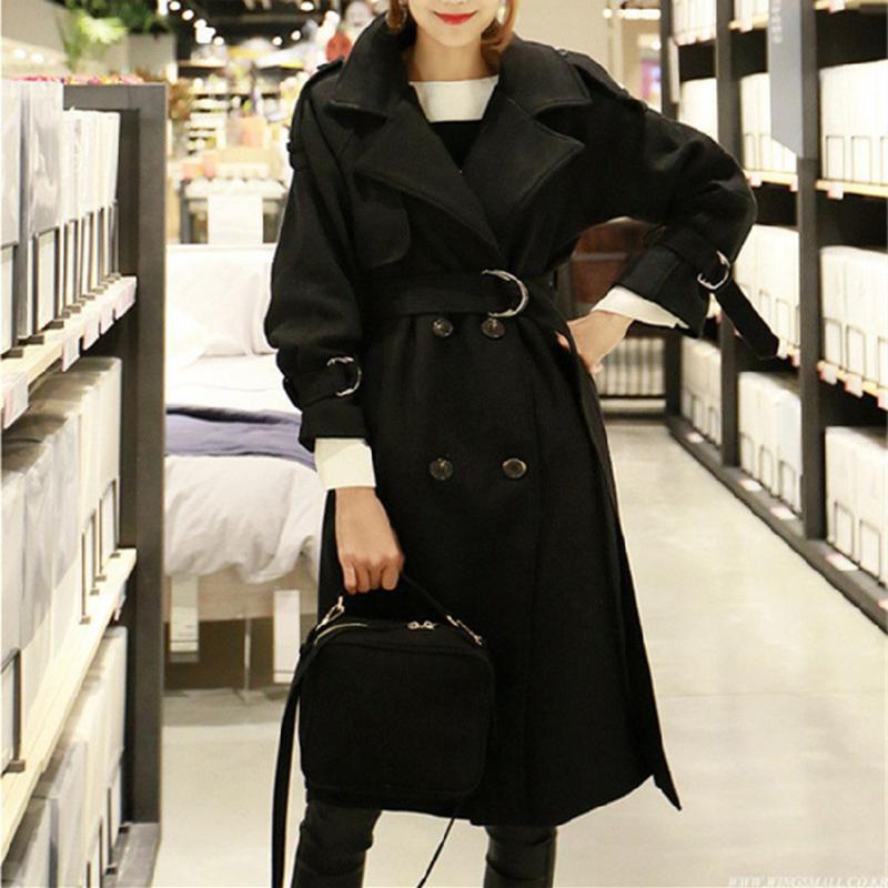 

SAGACE New Wool Blend Double-breasted Coat Women Long Sleeve Outwear Adjustable Belt Casual Autumn Winter Elegant Overcoat, Black