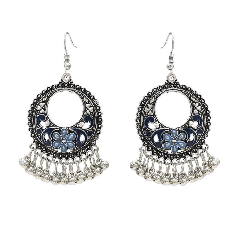 

Turkish Beads Tassel Jhumka Earrings For Women Ethnic Vintage Silver Color Alloy Bollywood Oxidized Bells Dangle Earrings