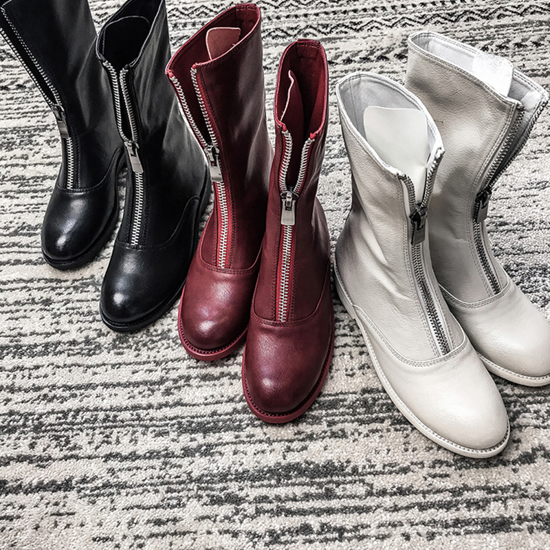 

Retro Boots Female Genuine Leather Round Toe Thick Bottom Middle Tube Front Zipper Red Thin Boots Tide 2020 Autumn New, As pic