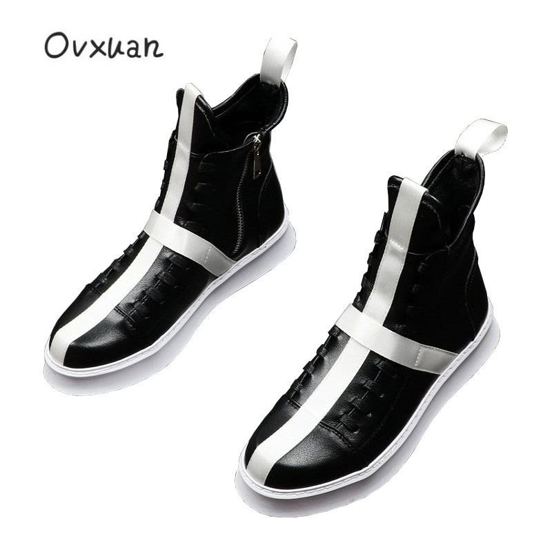 

OVXUAN Short Boots for man White Crossed Stripe British Style High Top Mens Designer Shoes Outdoor Leather Ankle Boots Men Botas, White boots men