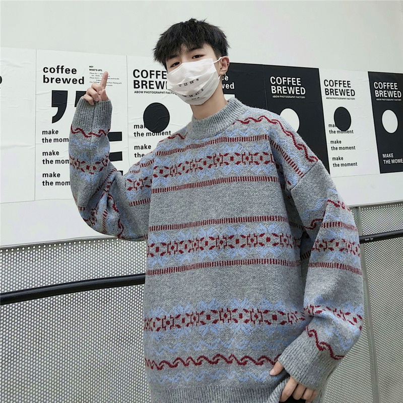 

Winter Sweater Men's Warm Fashion Retro Contrast Color Casual Knit Pullover Man Streetwear Wild Loose Long-sleeved Sweater Male, Black