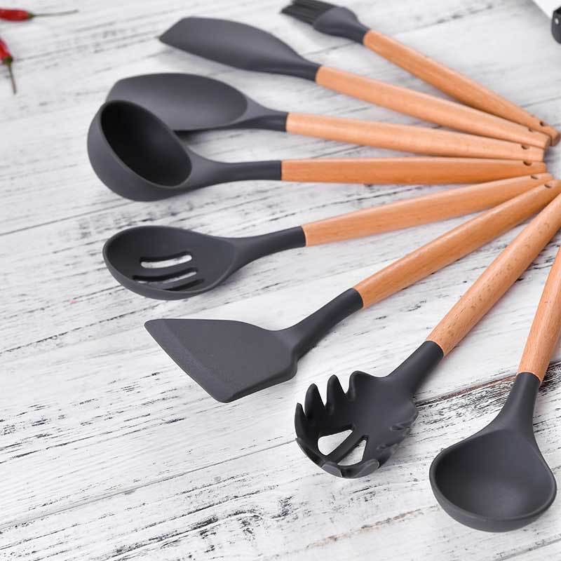 

Gray Silicone Utensils Kitchenware Set with Wooden Handle Non-stick Spoon Scoop Spatula Tongs Utensilios De Cocina Kitchen Tool