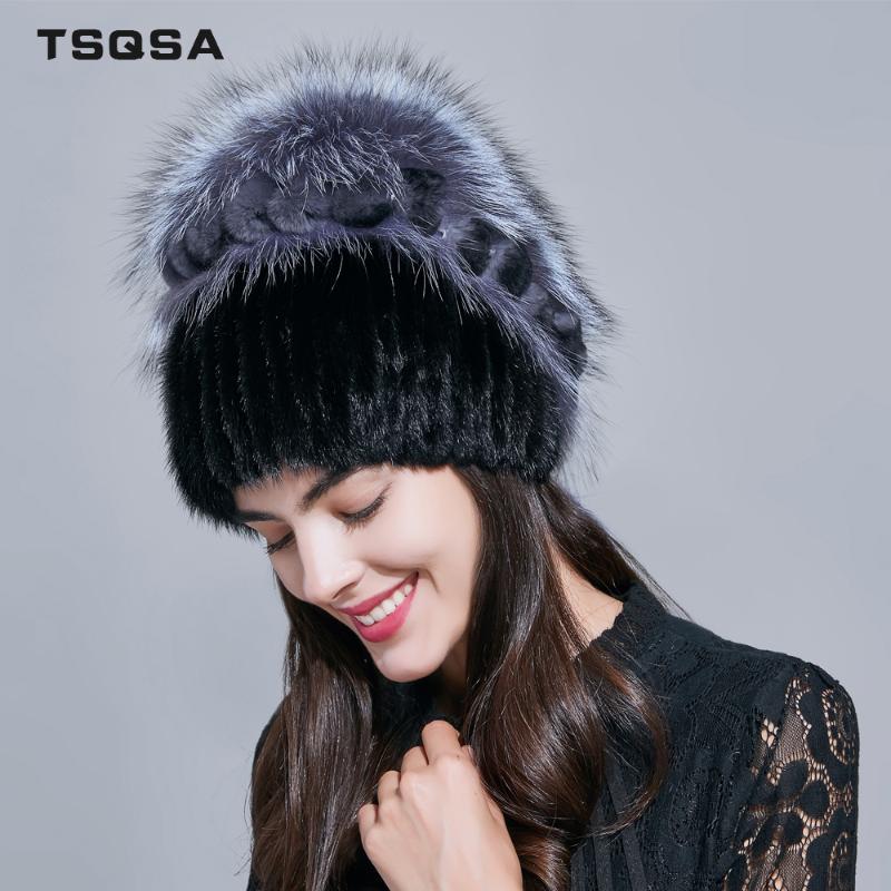 

TSQSA Real Fur Cap Winter Warm Beanies Fashion New Women Hat Natural Lady Caps Female Fur Hats TAH1806, Black
