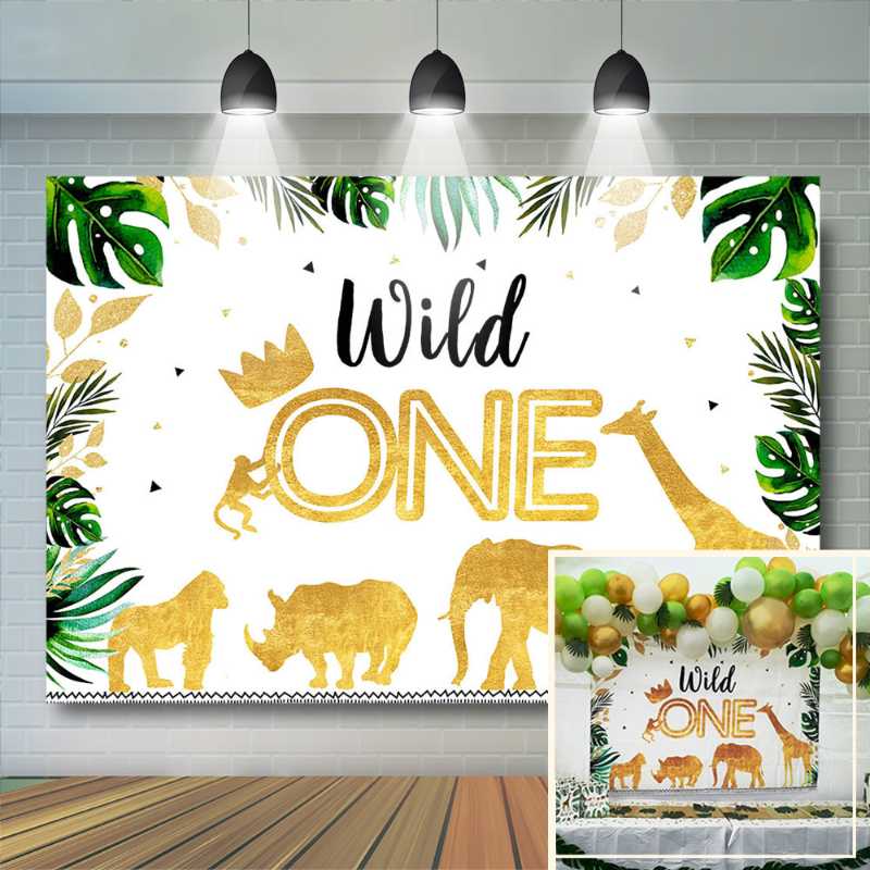 

Jungle Ainmal Birthday Backdrop Gold Safari Animals Crown Wild One Photography Background Boy First Birthday Party Decor Banner