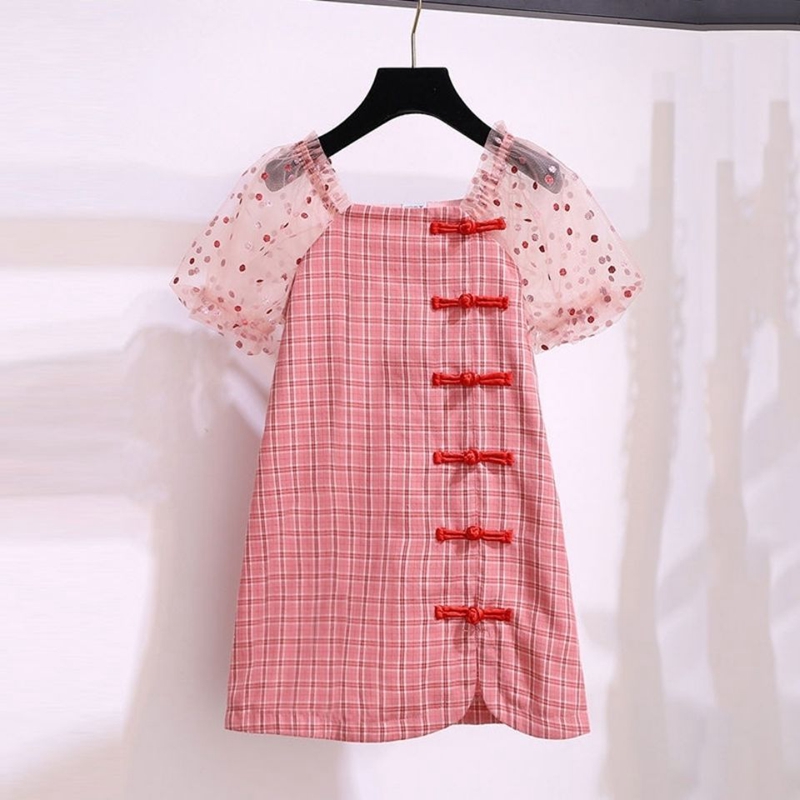 

Summer Casual Girls Sweet Dresses Polka Dot Puff Sleeve Cheongsam Dress Short Sleeve Dress For 3-9 T Girls