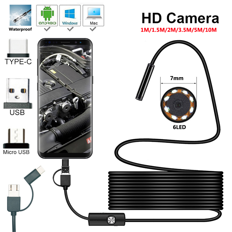 

7.0mm HD Mini USB Endoscope 6LED Cable Waterproof Flexible Inspection Borescope for Android PC 1m 2m 5m 10m